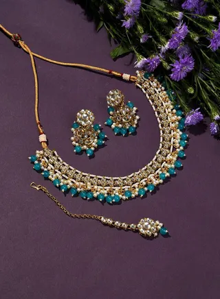 Gold Plated Designer Stone Beaded Necklace, Earrings and Maang Tikka Set