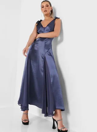 Plunge Neck Pleated Dress