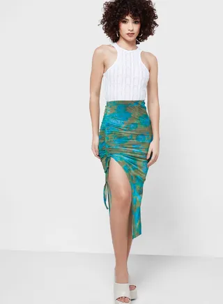 Ruched Detail Printed Midi Skirt