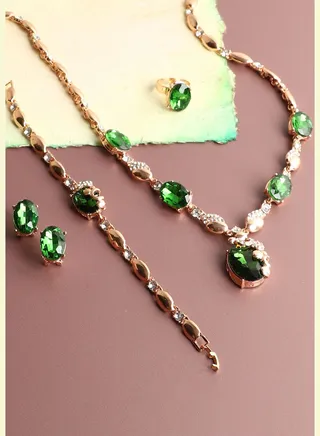 Gold Plated Designer Stone Necklace, Earring, Ring and Bracelet Set