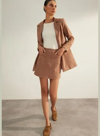 Brown Premium High Quality Stamped Mini Woven Skirt TWOAW24ET00219