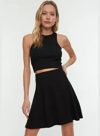 Black Waist Drop/Skater Normal Waist Mini, Elastic Knitted Skirt TWOSS19ST0117