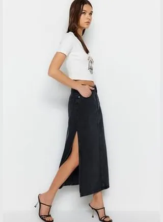 Anthracite High Waist Maxi Denim Skirt With a Slit TWOSS23ET00109