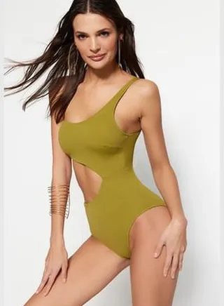 Green One-Shoulder Cut Out/Windowed Regular Leg Swimsuit TBESS23MA00234