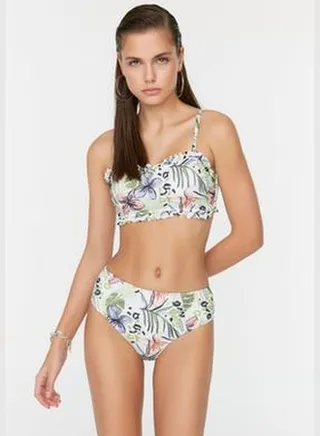 Blue Floral Pattern High Waist Bikini Bottoms TBESS22BA0004