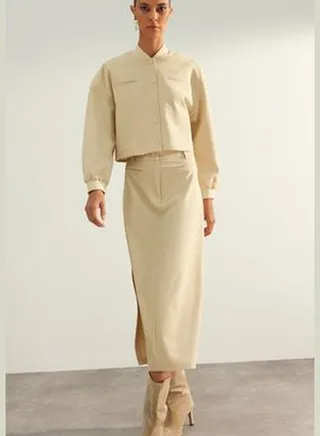 Beige Limited Edition High Quality Woven Midi Skirt TWOAW24ET00288