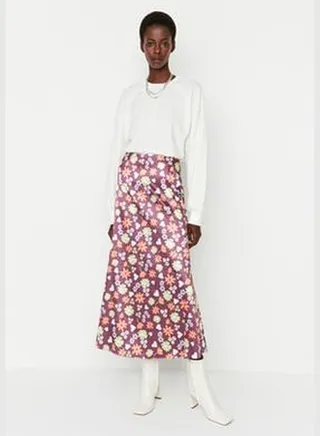 Multicolored Floral Print High Waist Satin Skirt TCTAW23EE00026
