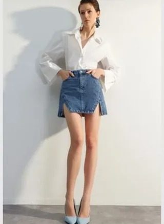 Limited Edition Blue Slit Mini Denim Skirt TWOSS23ET00347