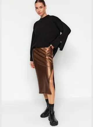 Brown Foil Print High Waist A Slit Maxi Dress, Fitted Skirt TWOAW24ET00247