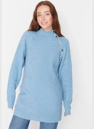 Light Blue Stand-Up Collar Knitwear Sweater with Buttons TCTAW23AK00011