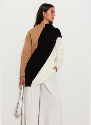 Beige Color Block Stand Up Knitwear Knitwear Sweater TCTAW24AK00006