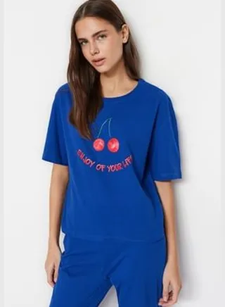 Navy Blue 100% Cotton T-shirt with Fruit Print and Pants, Knitted Pajamas Set.