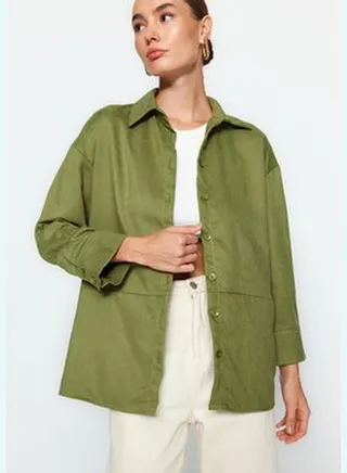Khaki Oversize Suede Woven Shirt TWOAW24GO00175