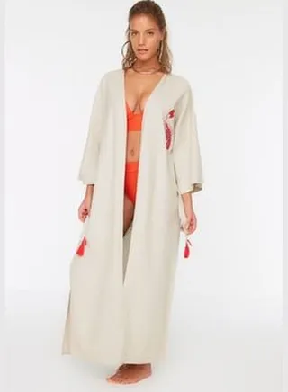 Coral Belted Maxi Woven Embroidered Linen Blended 100% Cotton Kimono & Kaftan TBESS20KM0051
