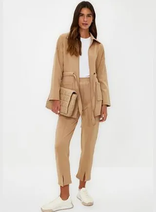 Brown Regular Diver/Scuba Plain Knitted Brown Waist Detailed Scuba Tracksuit Set