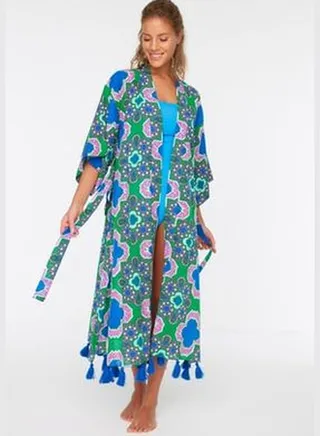 Ethnic Pattern Belted Maxi Woven Kimono & Kaftan with Tassels 100% Cotton TBESS20KM0018
