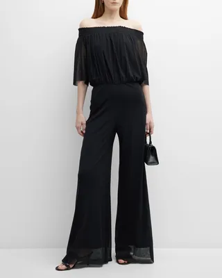 Off-Shoulder Wide-Leg Tulle Jumpsuit