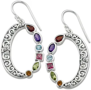 Sterling Silver Multi Gemstone Open Oval Drop Earrings