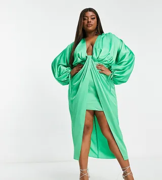 ASOS DESIGN Curve blouson sleeve satin midi dress with drape skirt in green