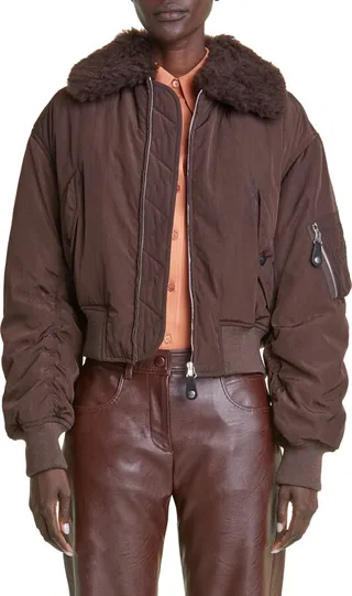 Recycled Nylon Bomber Jacket with Faux Fur Collar