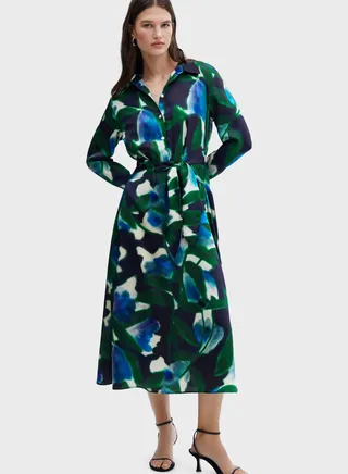 Buttoned Neck Belted Dress