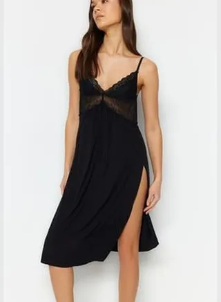 Black Lace and Knitted Nightgown with Back Detail and a slit THMAW22GC0086