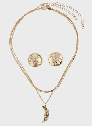 Star & Moon Diamante Necklace & Earrings Set