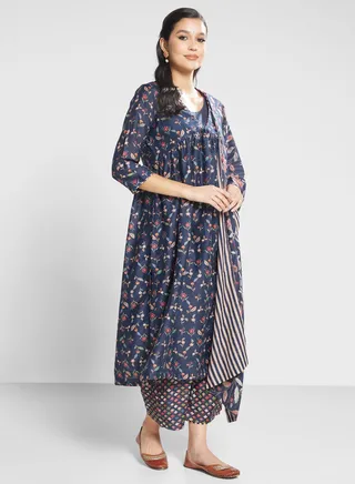 V-Neck Printed Kurta Set