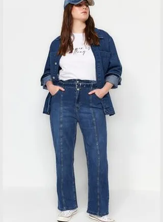 Blue High Waist Straight Fit Jeans with Belt Stitching Detail TBBAW24CJ00013
