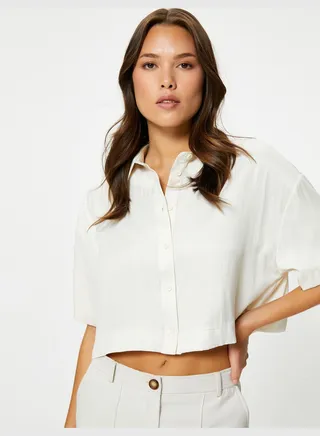 Buttoned Short Sleeve Crop Shirt