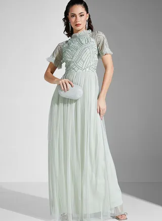 Embellished Mesh Tiered Dress