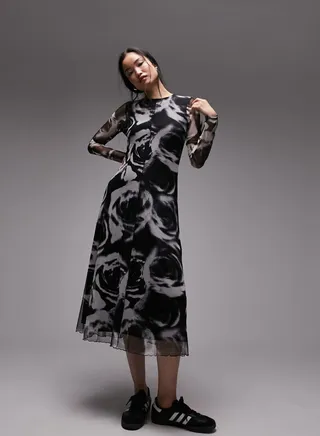 Mesh Detail Printed Dress