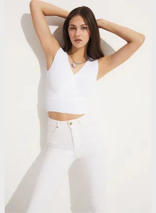 Surplice Neck Ribbed Crop Top