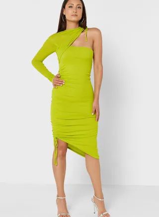 Cut Out Detail Ruched Asymmetric Dress