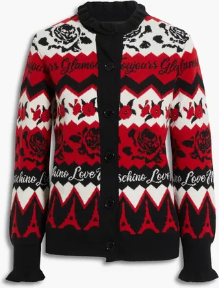 Ruffle-trimmed jacquard-knit wool-blend cardigan