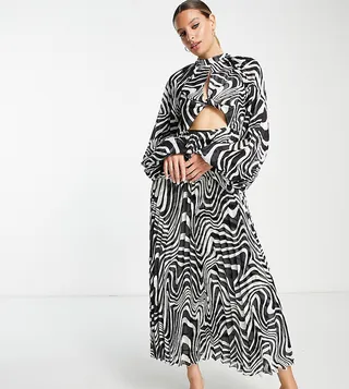 ASOS DESIGN Tall knot front high neck cutout pleated midi dress in textured stripe