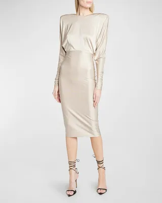Strong-Shoulder Cowl-Back Midi Dress