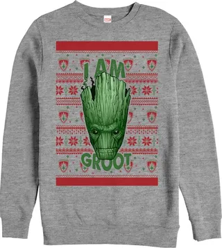 Men's Marvel Ugly Christmas Guardians of the Galaxy Groot Portrait Sweatshirt - Athletic Heather - 2X Large