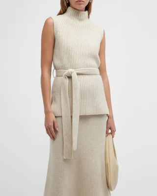 Wool-Cashmere Belted Turtleneck Shell Top