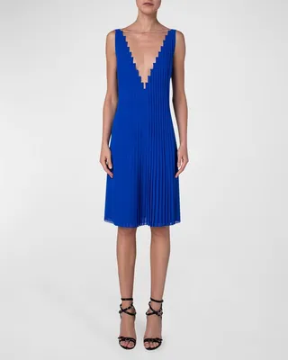 Plunging Illusion Pleated Silk Dress