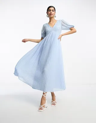 ASOS DESIGN pleated embroidery maxi dress with cutwork in blue