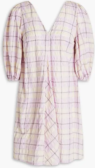 Pleated checked organic cotton-blend seersucker mini dress