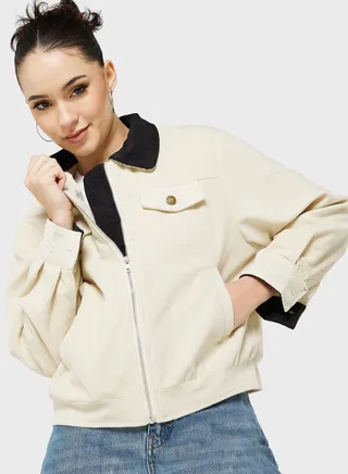 Utility Style Jacket With Contrast Collar