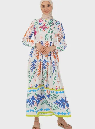 Puff Sleeve Flared Printed Dress
