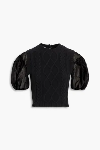 Organza-paneled cable-knit cashmere and wool-blend top