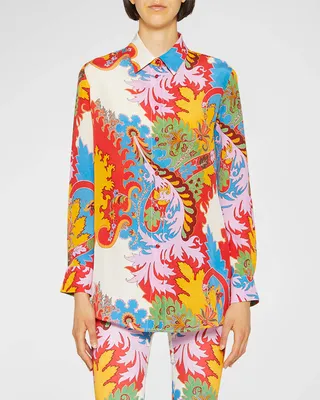 Blooming Paisley Silk Button-Front Blouse