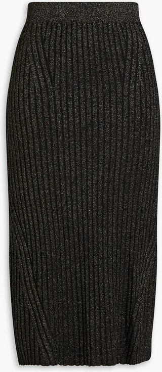 Metallic ribbed-knit midi skirt