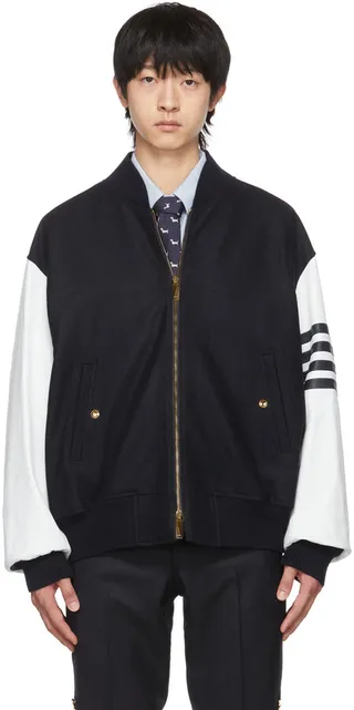 Thom Browne Navy Wool 4-Bar Melton Bomber Jacket