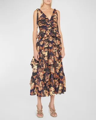 Candace Tie-Shoulder Tiered Ruffle Midi Dress