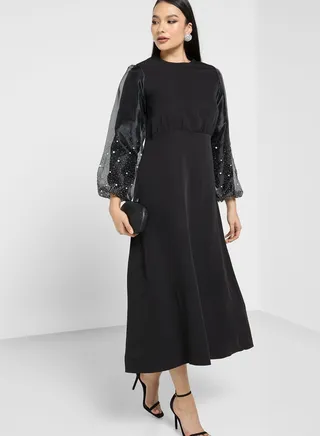 Embellished Sleeve Belted Dress